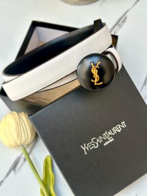 حزام ysl ابيض (شعار دائري) مع علبة مختوم