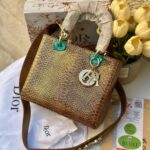 حقيبة ديور جلد حية، بني، اكسسوار ذهبي مع احجار الزركون، قاعدة 26سم ، مع حزام طويل