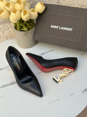 YSL هيلز اسود، مغلق كامل، جلد مت، كعب ذهبي ♥️🖤
