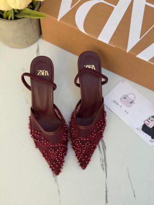 هيلز ZARA بوردو مع اللؤلؤ ارتفاع 7 سم